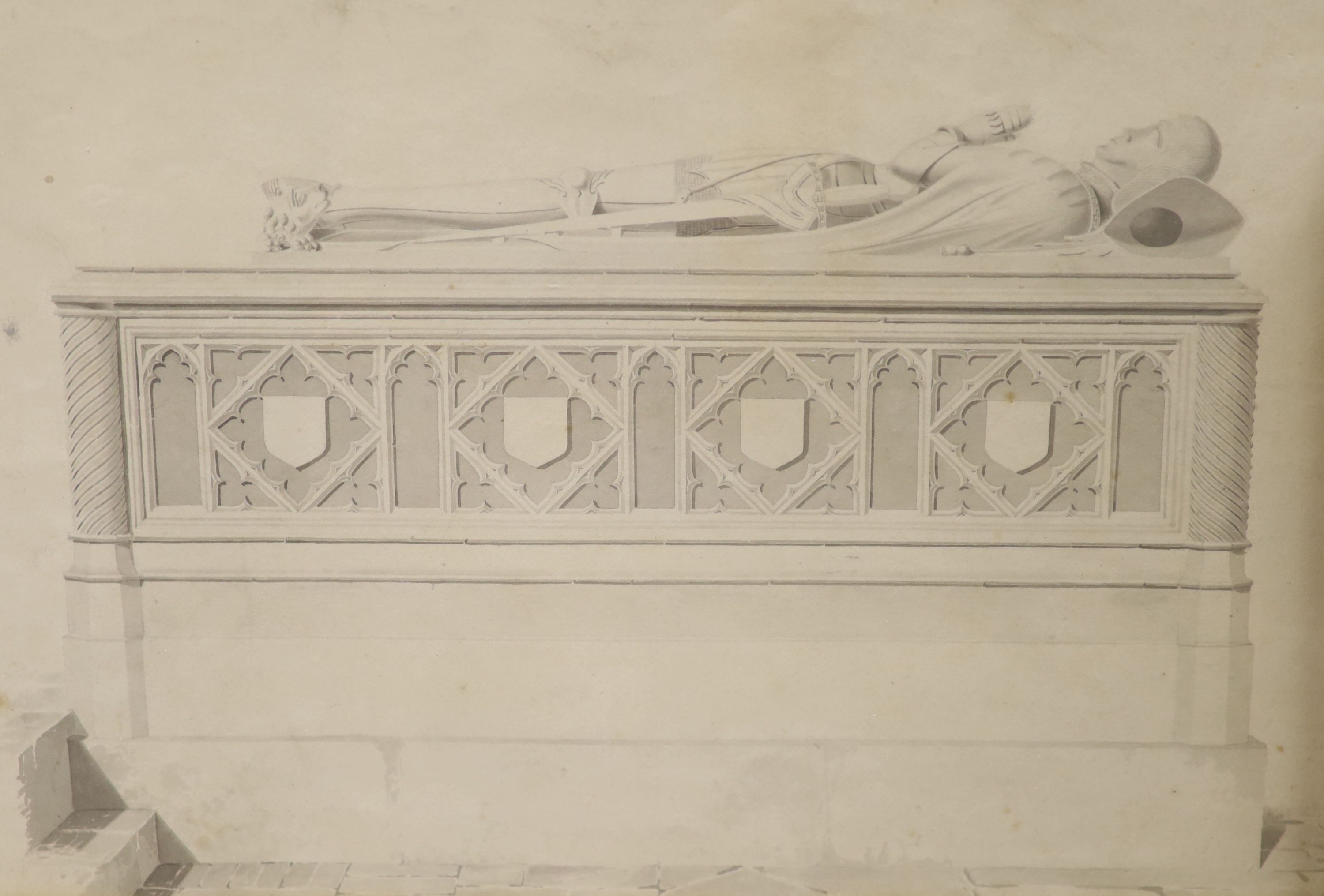 19th century English School, two watercolours en grisaille, Studies of tombs, 13 x 25cm and 24 x 36cm, belonged to John Betjeman